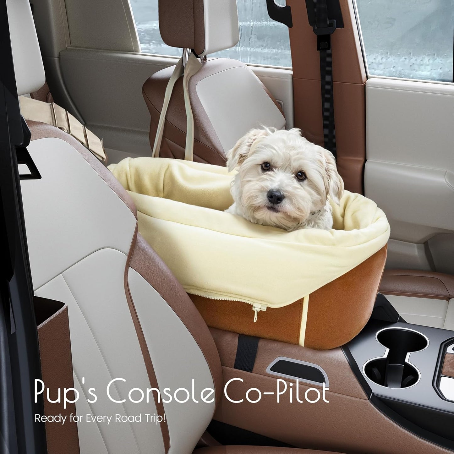 Dog Car Seat for Small Dogs, Washable Dogs Bed with Non-Slip Base, Waterproof Dog Booster Seat for Car with Storage Pockets, Pet Carseat Puppy Travel Carrier Bed (Brown)