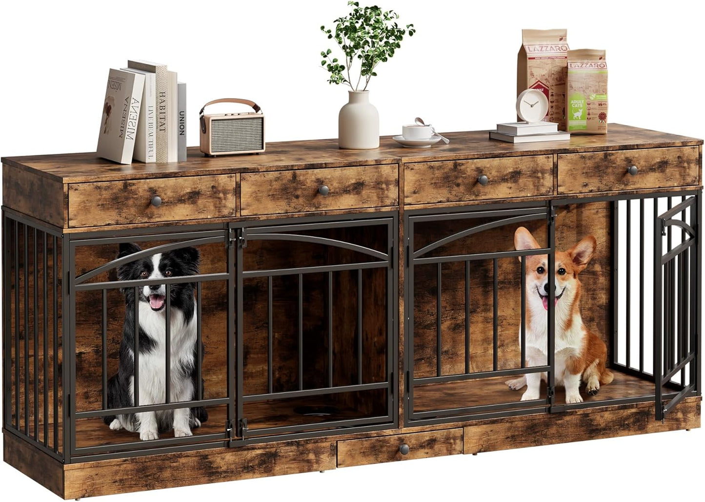 GarveeHome Dog Crate Furniture for 2 Dogs, Dog Kennel Indoor with 4 Storage Drawers and Feeding Bowls, Double Dog Crate TV Stand for Small Medium Dogs, Brown