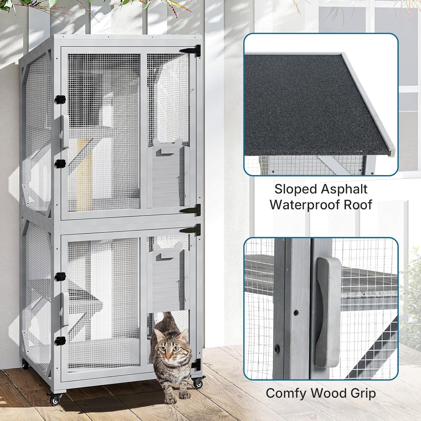 Catio Outdoor Cat Enclosure, Cat Patio Enclosure with 3 Platforms, Cat Condo Outdoor, Wooden Movable Cats Cage with 4 Wheels, Large Outdoor Cats House