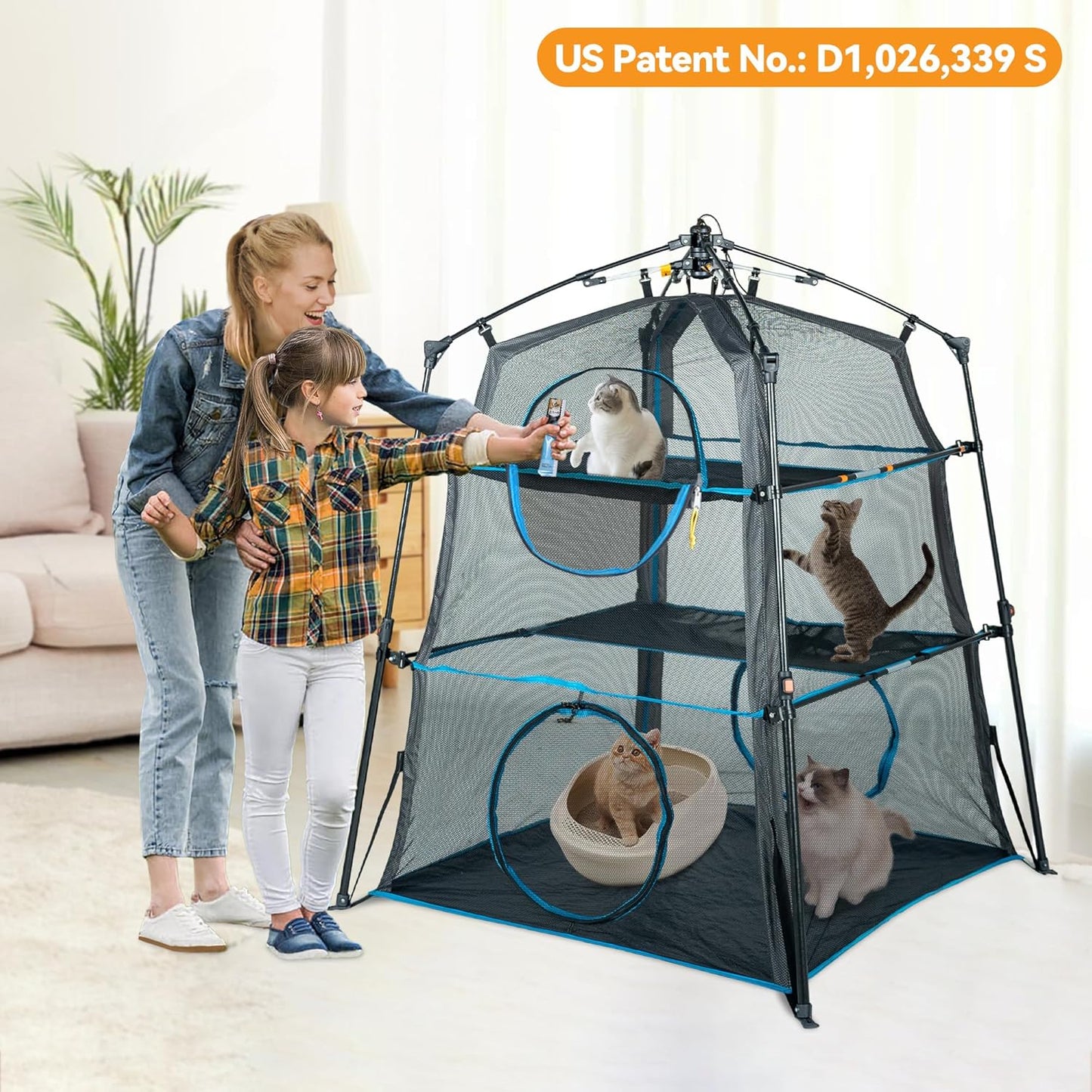 X-Large Catio Outdoor Cat Enclosure,3 Tier Cat Tower Tent Weatherproof & Sunproof with Waterproof Floor & 3 Doors, Foladable and Portable for Patio, Deck,Camping, Indoor & Outdoor(Patented)+3 Tu