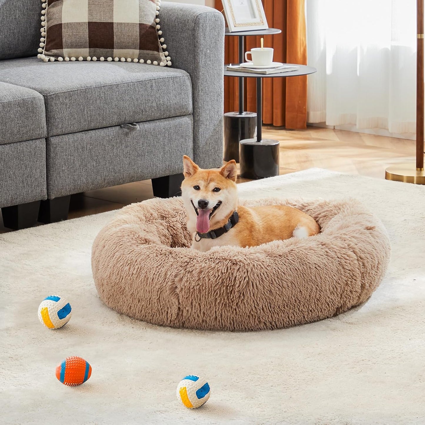 DUMOS 24x24 Inch Calming Donut Dog Beds for Medium Dogs, Machine Washable Cuddler Warming Cozy Fluffy Faux Fur Plush Round Pet Bed, Anti-Slip Bed for Indoor Dogs and Cats, Brown