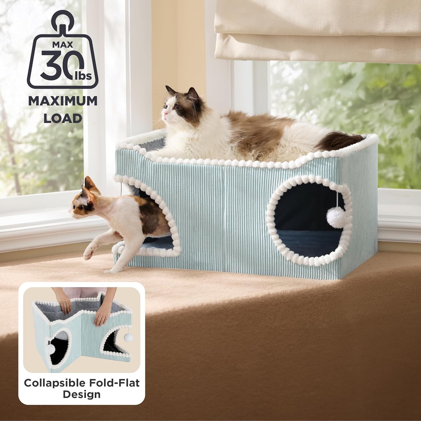 Bedsure Extra Wide Cat House 23.6x15.9x12.6inches, Blue with Bedsure Dog Blankets for Small Dogs Washable White, 25x35IN