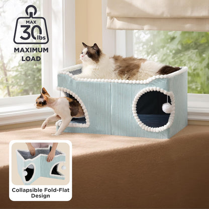 Bedsure Extra Wide Cat House 23.6x15.9x12.6inches, Blue with Bedsure Dog Blankets for Small Dogs Washable White, 25x35IN