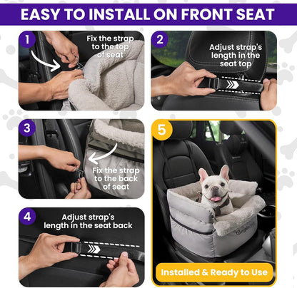 BurgeonNest Dog Car Seat for Small Dogs, Fully Detachable and Washable Cat Carseats Under 25 lbs, Soft Pet Booster Seats with Storage Pockets and Clip-On Leash Portable Car Travel Carrier Bed, Grey
