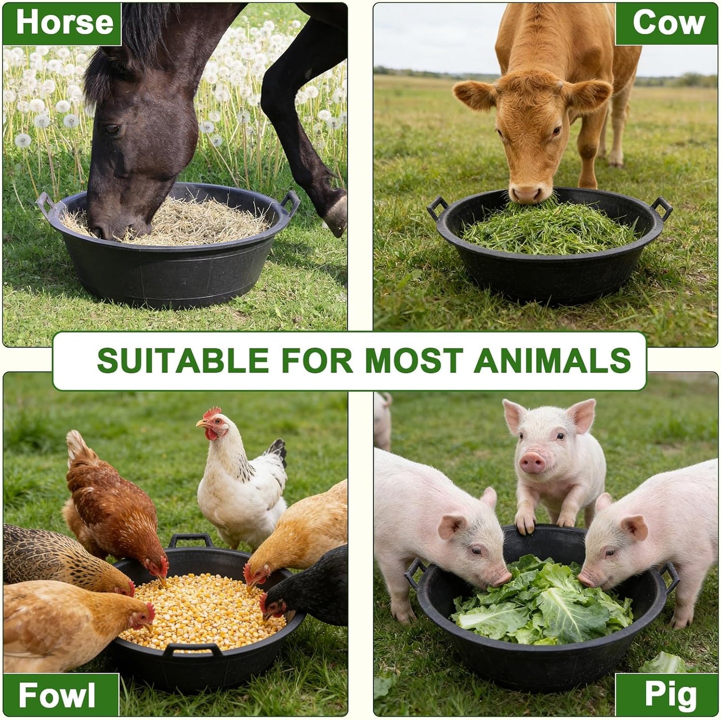 4Pcs Large Rubber Feed Pan with Handle, 8.6 Gallon/ 34 Quart Rubber Feed Pan Utility Horse Feed Bucket for Cats Dogs Goats Chicken Dust Bath Container Animal Feeding Watering Bowl