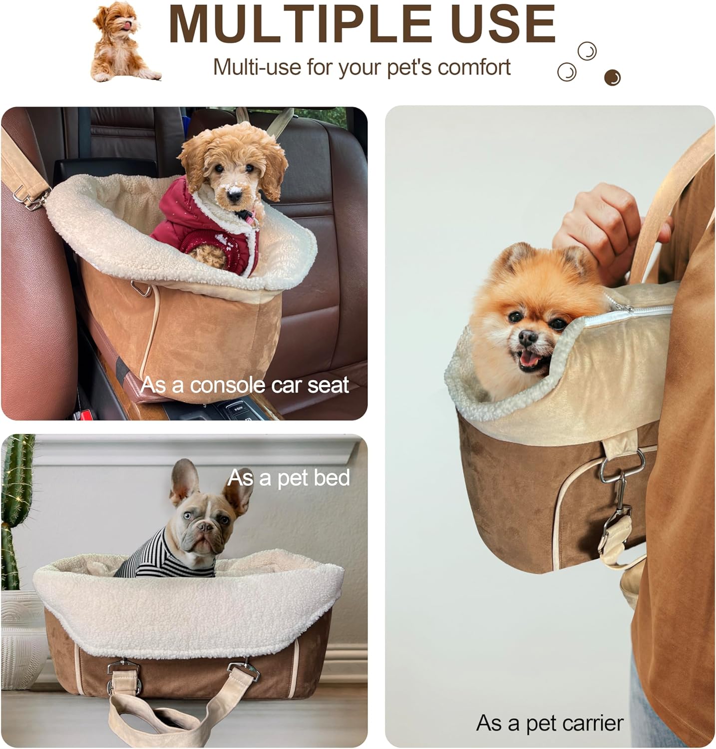 Dog Car Seat for Small Dogs Booster Seat Under 30lbs Pet Car Seat Travel Bed with Storage Pockets and Dog Safety Belt, Frosted-Velvet, Brown
