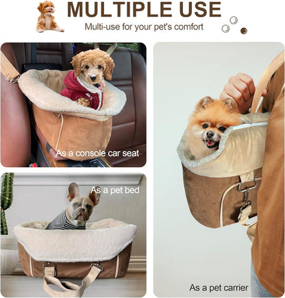Dog Car Seat for Small Dogs Booster Seat Under 30lbs Pet Car Seat Travel Bed with Storage Pockets and Dog Safety Belt, Frosted-Velvet, Brown