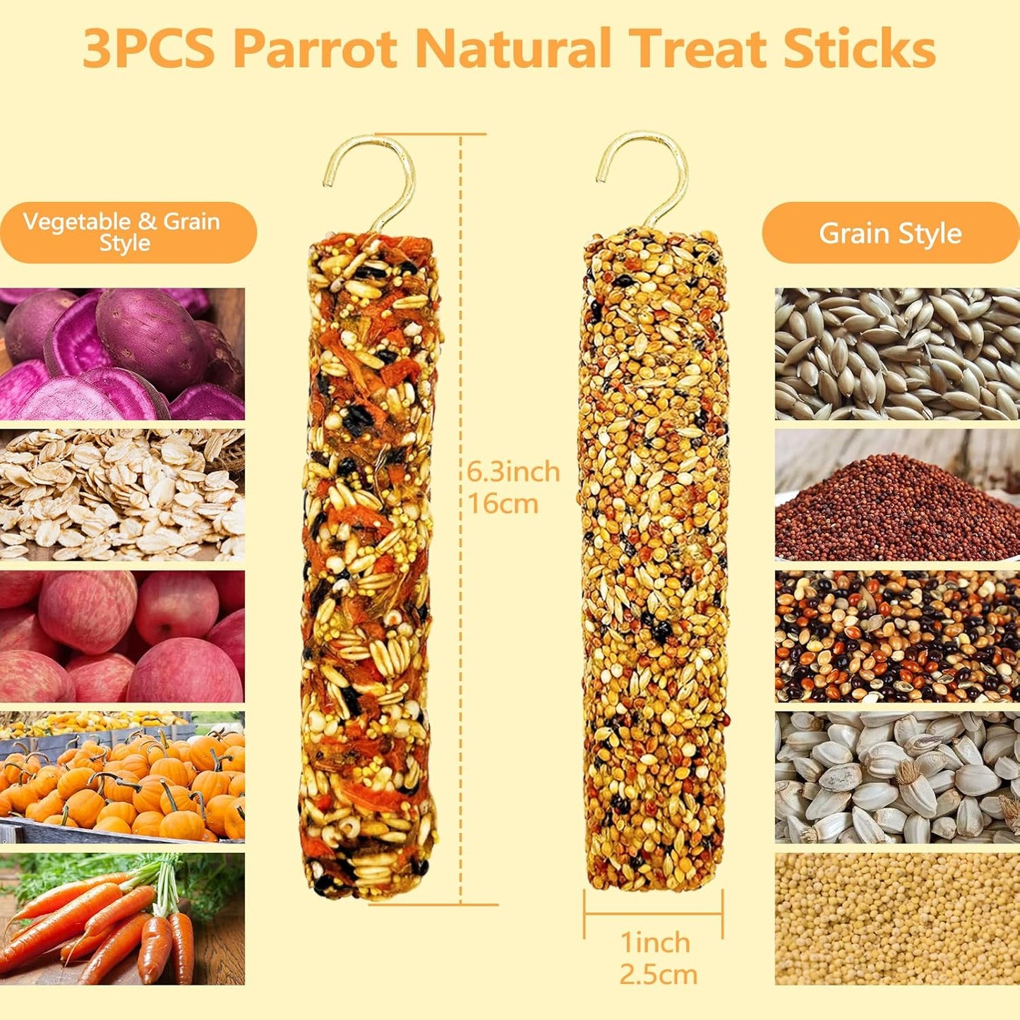 3PCS Parakeet Treat,Natural Parrots Treat Sticks,Vegetable & Grain Style Sticks,Bird Treats for Cockatiel Lovebirds Budgies Canary Finches Myna Conure