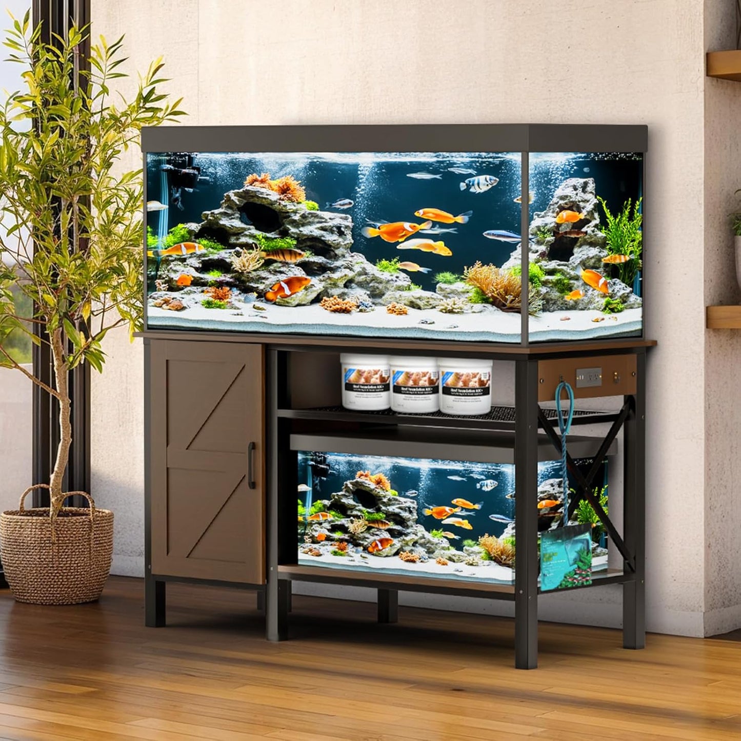 55-75 Gallon Fish Tank Stand - Heavy Duty Aquarium Stand with Power Outlets, Cabinet for Fish Tank Accessories Storage, Metal Frame, Suitable for Fish Tank, Turtle Tank, 880LBS Capacity, Brown