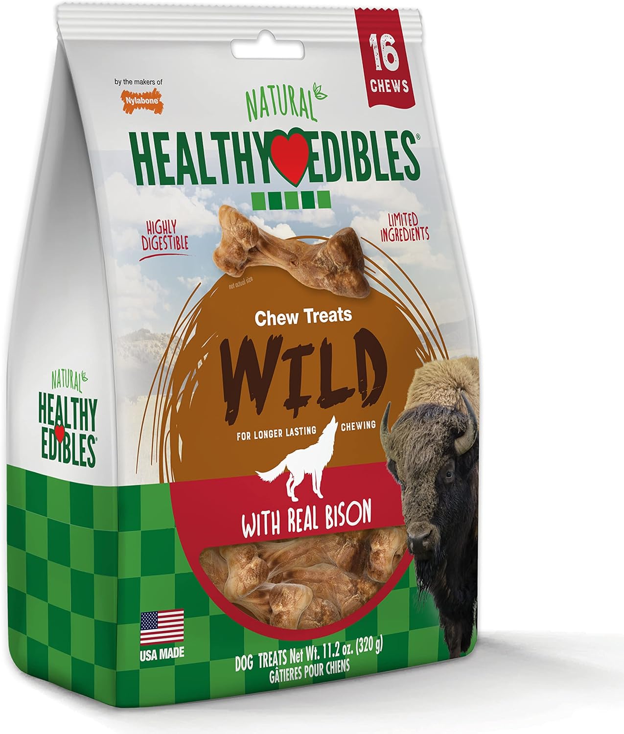 Nylabone Healthy Edibles WILD Natural Dog Chew Treats, Bison Flavor, Small Dogs Up to 20 lbs - Made in USA (16 Count)