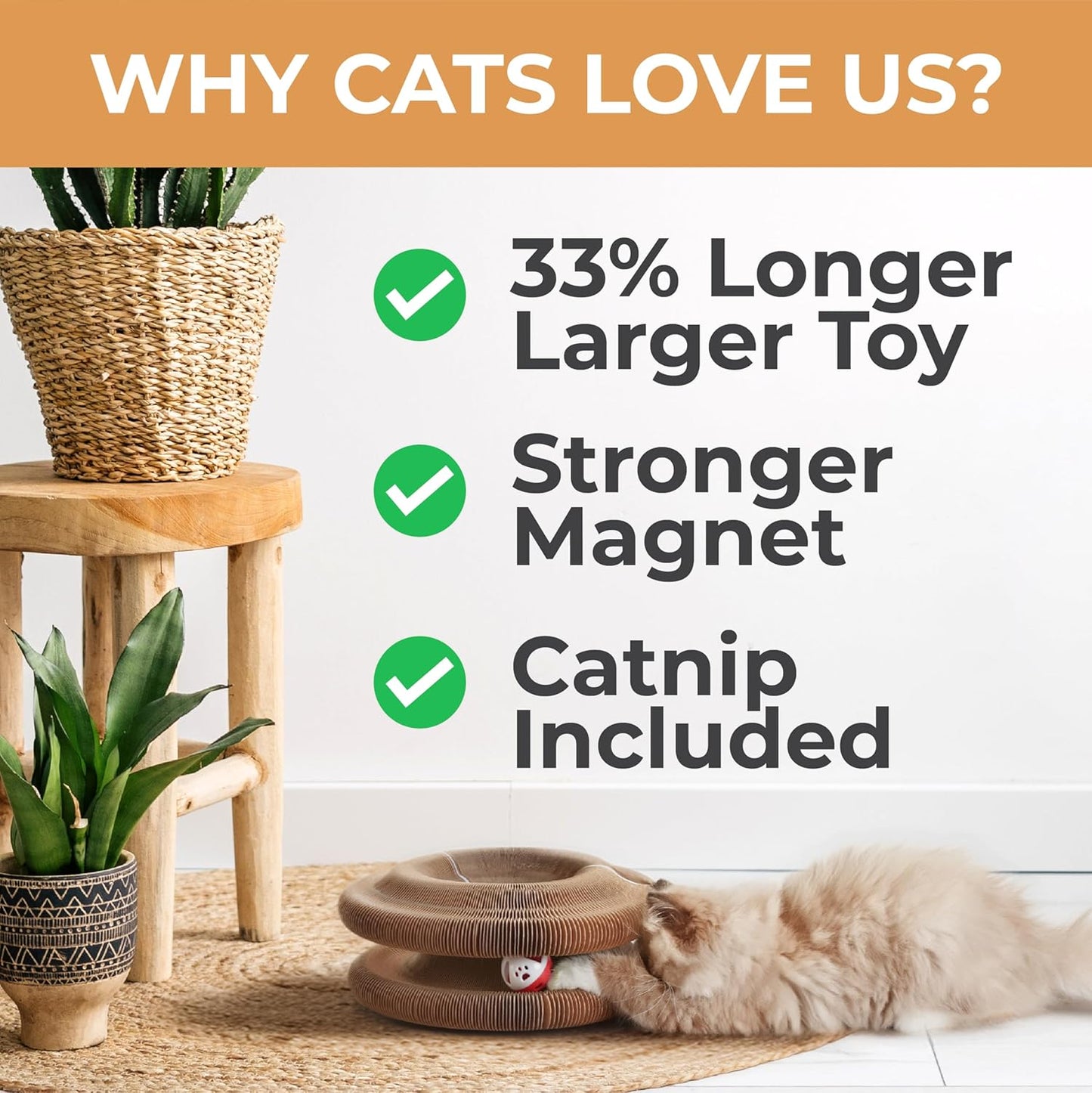 Magic Organ Cat Scratcher Board Toy with Bell Ball and Catnip - Longer, Stretchier Accordion Cardboard Scratching Pad with 4 Strong Magnets - Interactive Fun and Enrichment for Indoor Cats