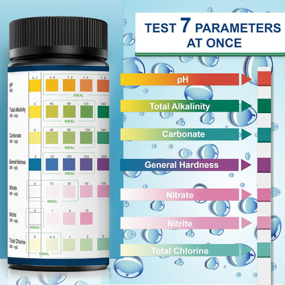 Aquarium Test Strips, 7-Way Freshwater Saltwater Fish Tank Pond Test Kit, 100 Strips, Nitrate, Nitrite, Chlorine, Hardness, Alkalinity, Carbonate, pH