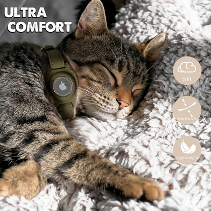 AirTag Cat Collar with Bell & Fabric Liner - Pet Collar Leather Cat Collar - Non Breakaway Leather Kitten Collar with AirTag Holder - GPS Cat Collars for Boy Cats, Girl Cats (Olive Green)