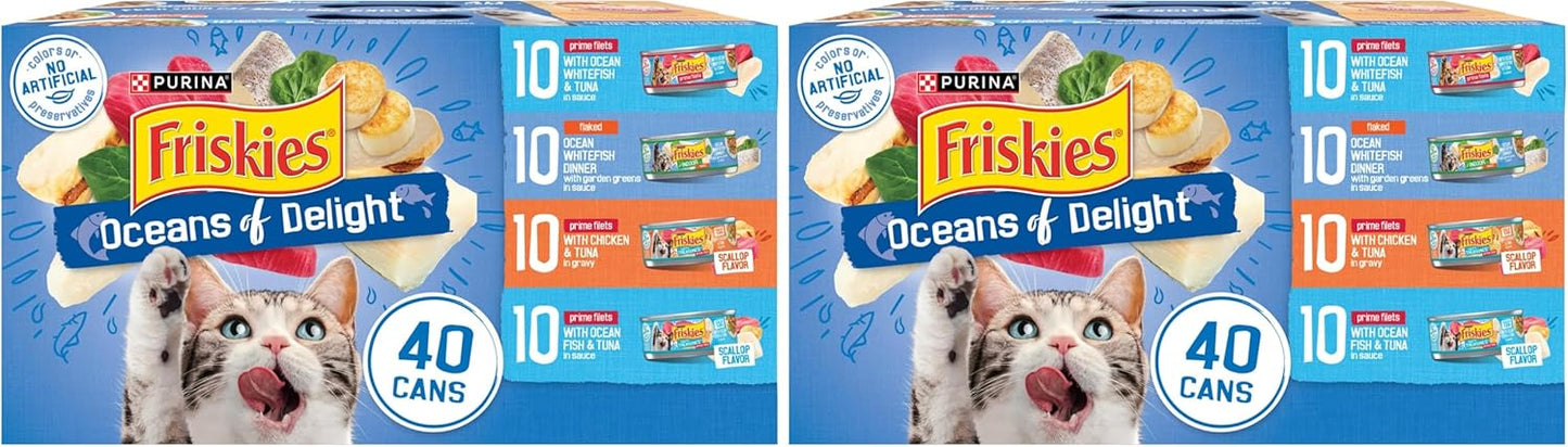 Friskies Purina Wet Cat Food Variety Pack, Oceans of Delight Flaked and Prime Filets - (Pack of 80) 5.5 oz. Cans