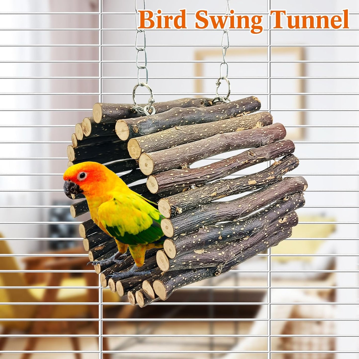 BNOSDM Wooden Bird Tunnel Parrot Swing Toys Natural Hanging Nest and 2 Pack Bird Perch Platform Stainless Steel Parrot Perches for Parakeets, Budgies, Conures, Cockatiels, Lovebirds