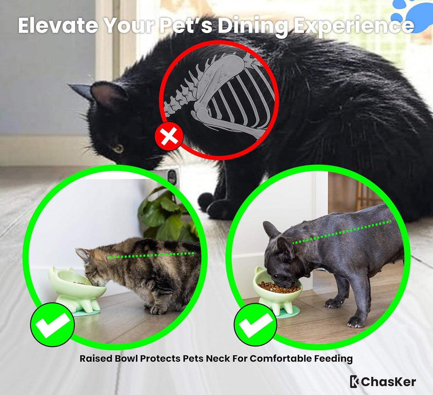 Ceramic Slow Feeder Bowl, Elevated Slow Feeder, Wide-Mouth, PAW Design, Stylish Design, for Fast Eaters, Non Slip, Dogs, Cats, Pets, Small & Medium Sized Breeds, (Green)