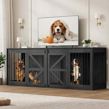 94.5'' Double Dog Crate Furniture, Farmhouse Dog Kennel TV Stand for 2 Large Dogs, Wooden Dog Cage Extra Large Breed with Divider & Solid Metal Tube, Black