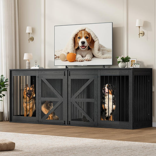 94.5'' Double Dog Crate Furniture, Farmhouse Dog Kennel TV Stand for 2 Large Dogs, Wooden Dog Cage Extra Large Breed with Divider & Solid Metal Tube, Black