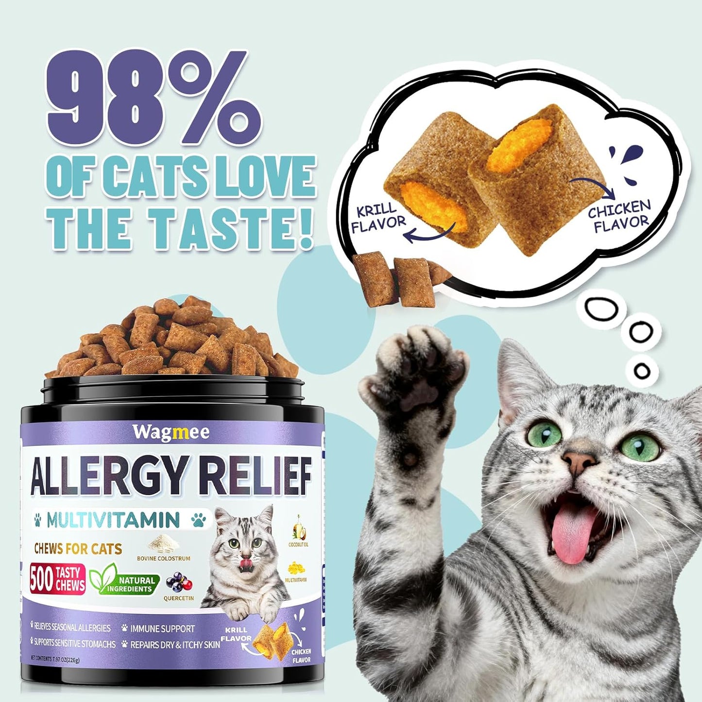 Cat Allergy Relief Chews – 500 Crunchy & Creamy Treats for All Breeds – Cat Itchy Skin & Seasonal Allergy Relief with Multivitamin and Omega-3 for Skin Health, Chicken & Krill Flavor