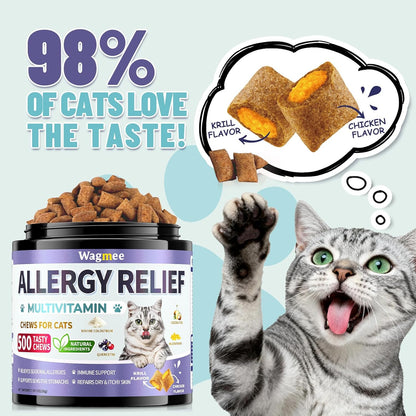 Cat Allergy Relief Chews – 500 Crunchy & Creamy Treats for All Breeds – Cat Itchy Skin & Seasonal Allergy Relief with Multivitamin and Omega-3 for Skin Health, Chicken & Krill Flavor
