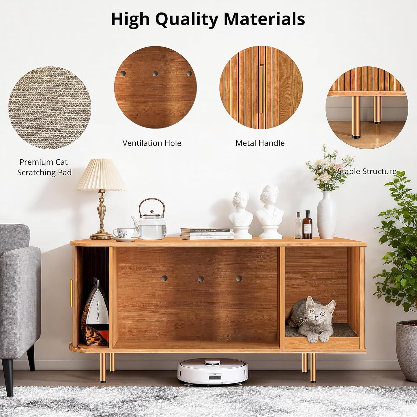 Litter Box Enclosure with Cat Scratch Pad, Sliding Door, 38.5" Litter Box Enclosure Furniture Hidden Litter Box, Modern Indoor Cat House, TV Stand, Side End Table for Living Room, Walnut