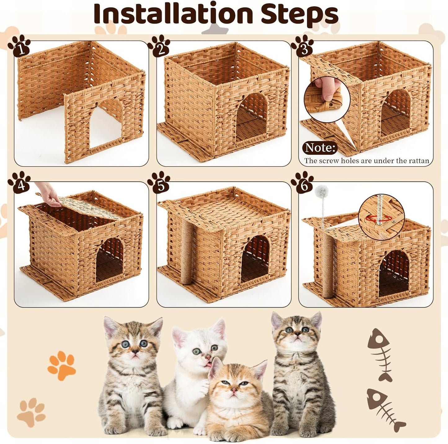 Rattan Cat Bed Cave Indoor Kitten House, Handwoven Hidden Cat Litter Box Enclosure Furniture, 18.5 x 13.78 x 12.6 Inches Pet Cube House, Foldable, Hideaway, with Fluffy Ball and Sisal Post