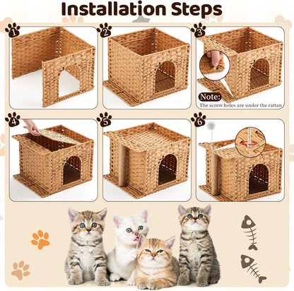 Rattan Cat Bed Cave Indoor Kitten House, Handwoven Hidden Cat Litter Box Enclosure Furniture, 18.5 x 13.78 x 12.6 Inches Pet Cube House, Foldable, Hideaway, with Fluffy Ball and Sisal Post