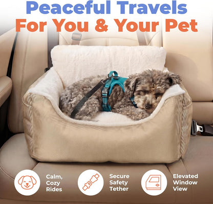 Best Pet Supplies Elevated Dog Car Seat for Small Dogs, Booster Seat with Safety Tether & Storage, Washable Travel Pet Seat for Front or Back Seat, Up to 25 lbs - Brown - 21 x 20 x 14