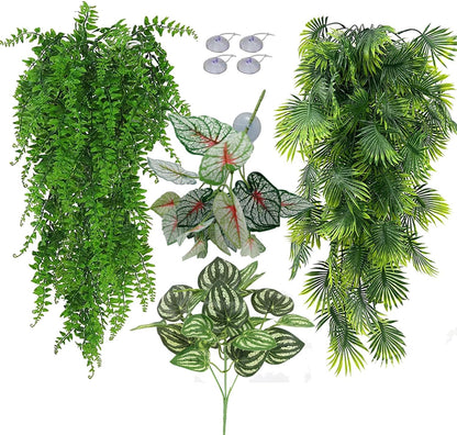 Reptile Plants for Bearded Dragon Tank Accessories, Terrarium Plant Artificial Decor for Snake Cage, Fake Plant for Leopard Gecko Habitat, Lizard Chameleon Ball Pythons (Group ABN)