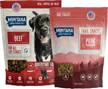 Beef Dog Food and Pork Dog Treat Adventure Fuel Bundle - 16 oz Freeze-Dried Raw Food with Single Ingredient Training Snacks