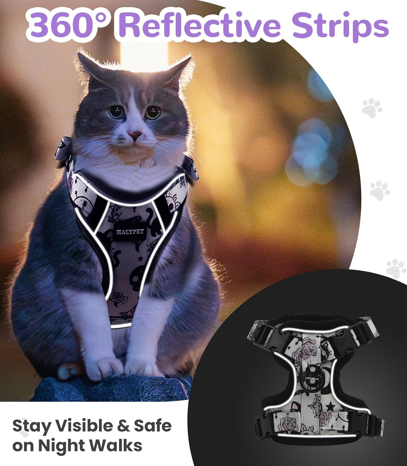 Halypet Cat Harness and Leash Set for Walking, Escape Proof Adjustable Vest Harness with 3-in-1 Integrated Buckles, Easy Control Soft Breathable Mesh with Reflective Strips for Cats, M, Moonlight Meow
