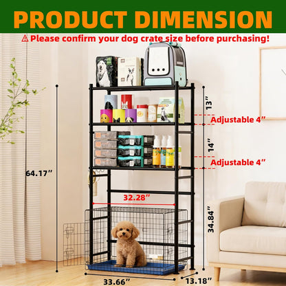 Over The Dog Crate Storage Shelf, 3-Tier Metal Dog Crate Furniture Stand for Most Breed Sizes, Freestanding Above The Cat Litter Box Shelves, Pet Supplies Organizer with Adjustable Feet, Black