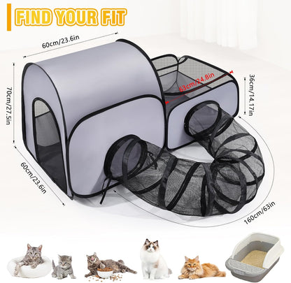 Portable Cat Playpen with Surround Tunnel, 2-Linked-Enclosed Areas, Ideal Cat Tent Outdoor or Cat Playpen for Indoor Cats Enclosed.Breathable Mesh Design for Indoor & Outdoor Use