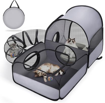 Portable Cat Playpen with Surround Tunnel, 2-Linked-Enclosed Areas, Ideal Cat Tent Outdoor or Cat Playpen for Indoor Cats Enclosed.Breathable Mesh Design for Indoor & Outdoor Use