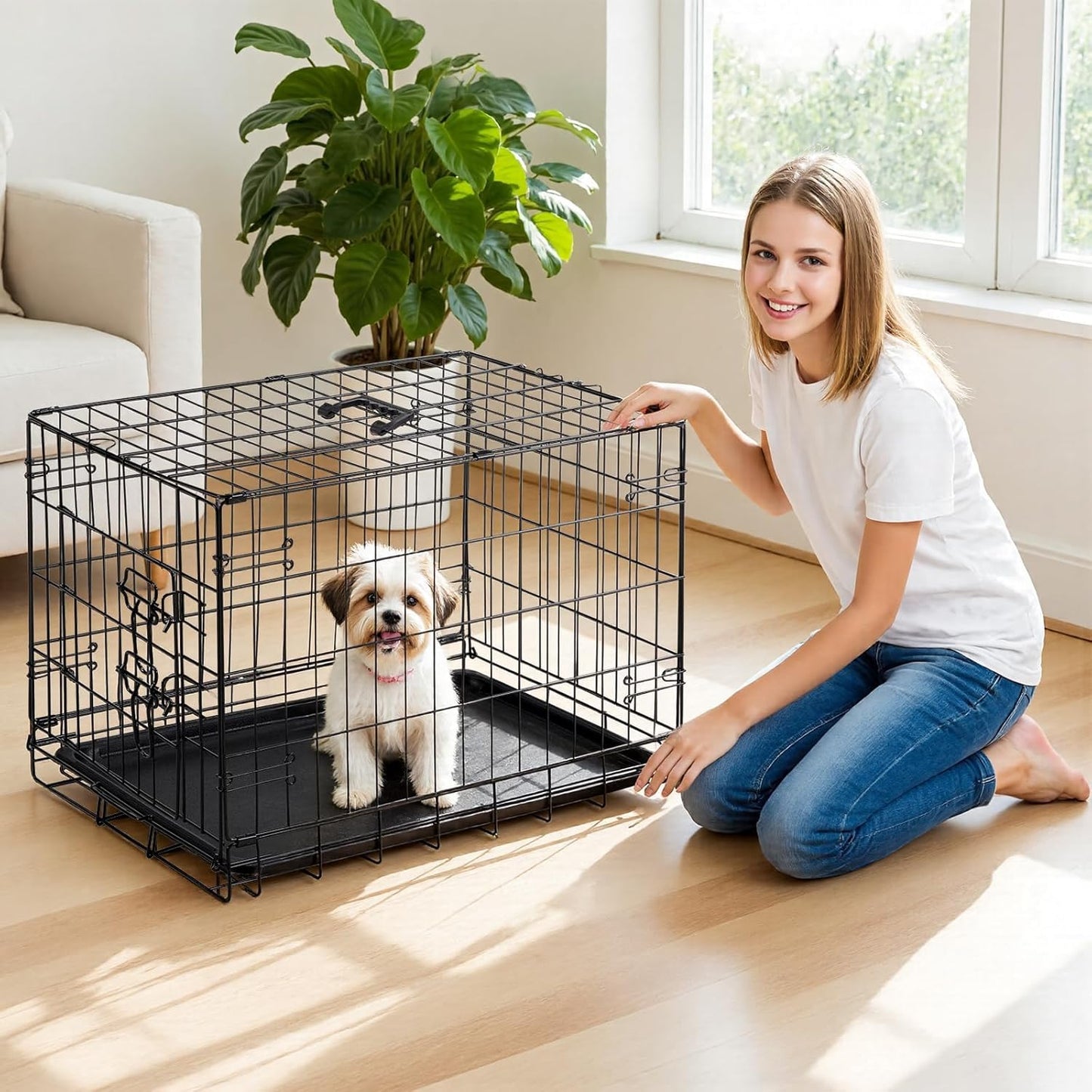 Dog Crate - Small 24 Inch Single Door Portable Puppy Dog Cage, Metal Wire Pet Kennel with Secure Lock, Leak-Proof Pan Tray, Foldable Design for Small Dog Indoor Training and Outdoor Trave