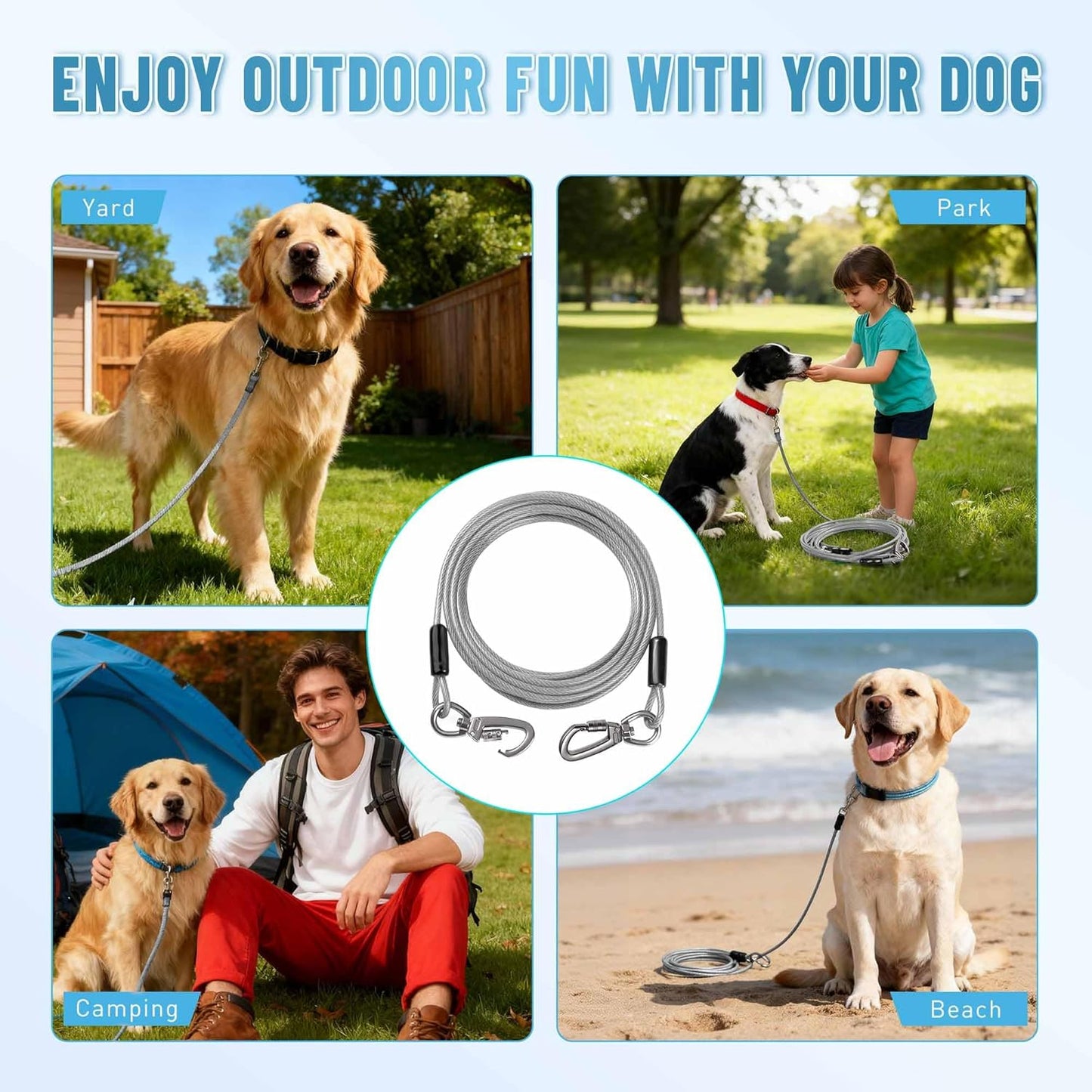 Tie Out Cable for Dogs Heavy Duty, 10/15/20/25/30/50FT Long Leash Chew Proof, Tangle-Free Dog Lead with Swivel Hook & 360° Smooth Rotating, Dog Runner for Yard, Outside, Camping-Up to 400 pounds