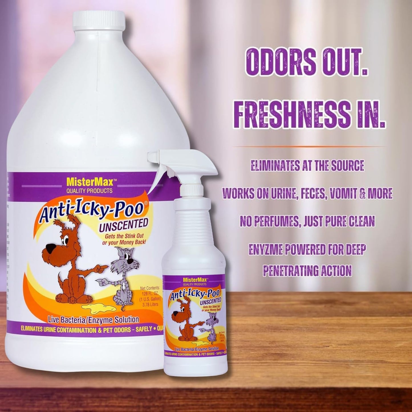 Mister Max Anti Icky Poo Pet Urine Enzyme Cleaner & Feces Odor Remover, Enzymatic Cleaner for Dog & Cat Urine, Pet Odor Remover Spray, 1 Gallon & Quart Size Unscented