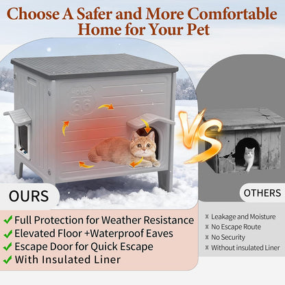Deblue Insulated Cat House Outdoor Weatherpoof Plastic Cats Houses with Escape Door Indoor Waterproof Feral/Pet Cat Shelter Outside for Puppy, Rabbit for Winter (Grey)