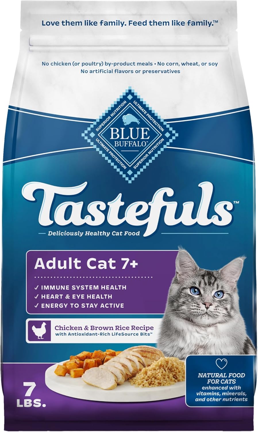 Blue Buffalo Tastefuls Natural Dry Food for Adult Cats 7+, Chicken & Brown Rice Recipe, 7-lb. Bag
