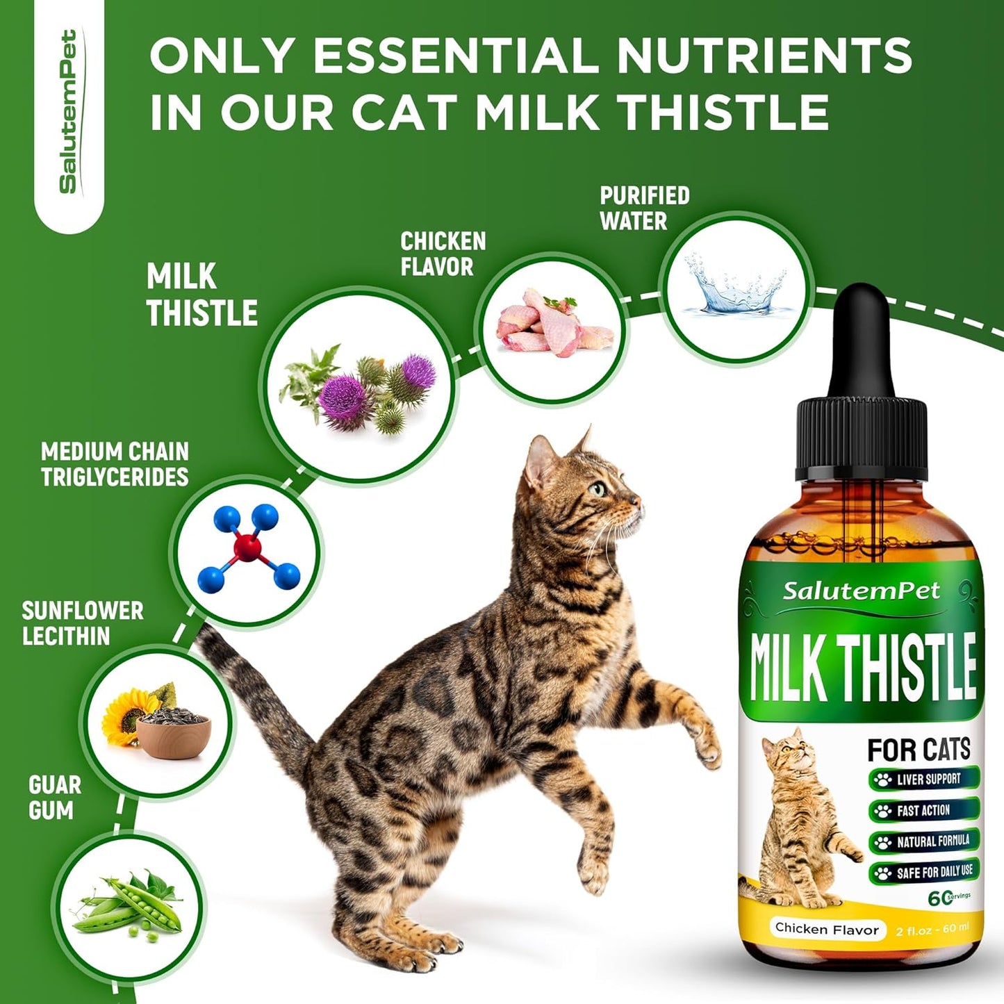 Сat Kidney Support | Milk Thistle for Cats | Herbal Supplement for Kittens & Adult Ones | Solution for All Breeds | Care for Liver | Сhicken Flavor | 2 Oz