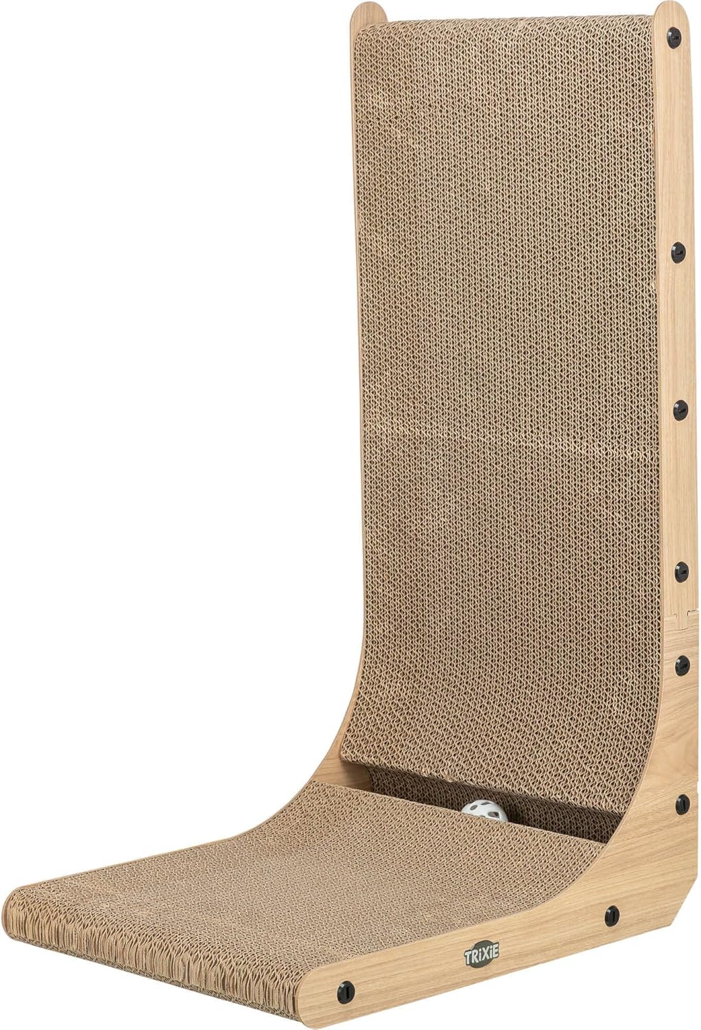 Trixie L-Shape Cat Scratcher with Catnip & Silvervine - 25.6" Indoor Furniture - Double-Sided Corrugated Cardboard - Vertical & Horizontal Scratching Pad with Ball Toy for Cats & Kittens - Natural