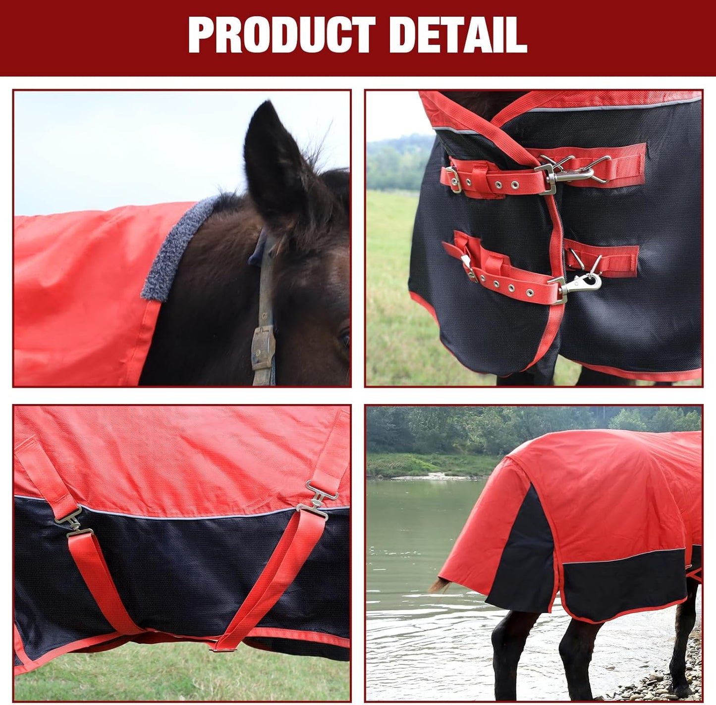 Horse Blankets Winter for Real Horses, 1600D Waterproof Poly Rain Sheets 72 in with Neck Cover Belly Wrap Tail Wrap Turnout Blanket, Stuff Care Medium Large Weight Heavy Outdoor Clothes Red Black