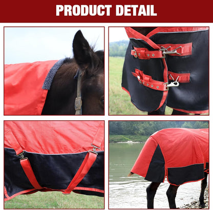 Horse Blankets Winter for Real Horses, 1600D Waterproof Poly Rain Sheets 72 in with Neck Cover Belly Wrap Tail Wrap Turnout Blanket, Stuff Care Medium Large Weight Heavy Outdoor Clothes Red Black