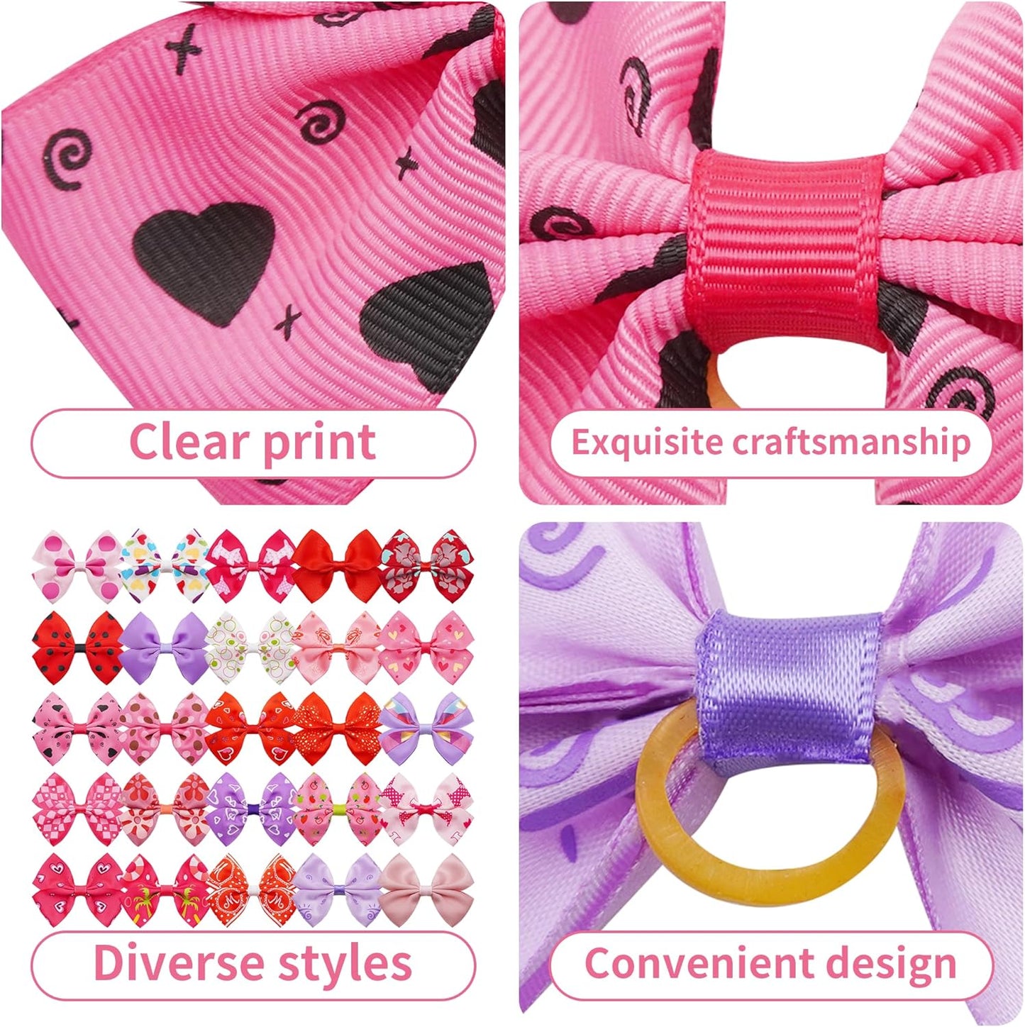 50PCS/25Paris Big Dog Hair Bows with Rubber Band Random Mix Pattern for Large XL Breed Pink Purple Bowknot Topknot Girl Female Grooming Hair Accessories（Random）