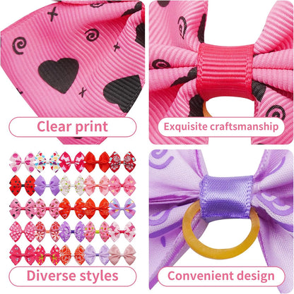 50PCS/25Paris Big Dog Hair Bows with Rubber Band Random Mix Pattern for Large XL Breed Pink Purple Bowknot Topknot Girl Female Grooming Hair Accessories（Random）