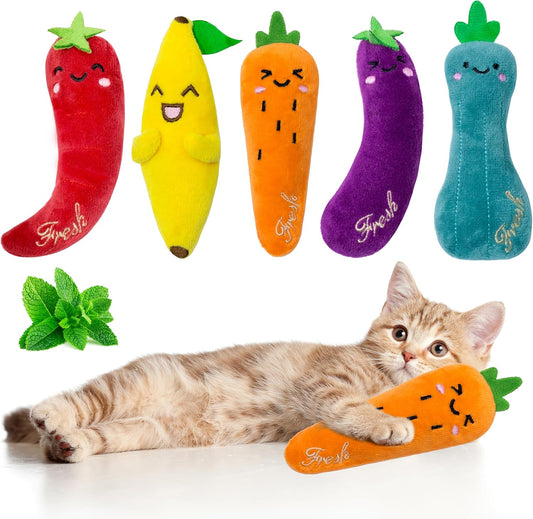 Catnip Toys for Indoor Cats, 5 Pack Cat Toys for Cats, Fluffy Catnip Toys for Chewing Playing, Interactive Kitten Toys, Catnip Filled Kitty Chew Teething Toys, Cat Chew Toys, Vegetable,5 pcs