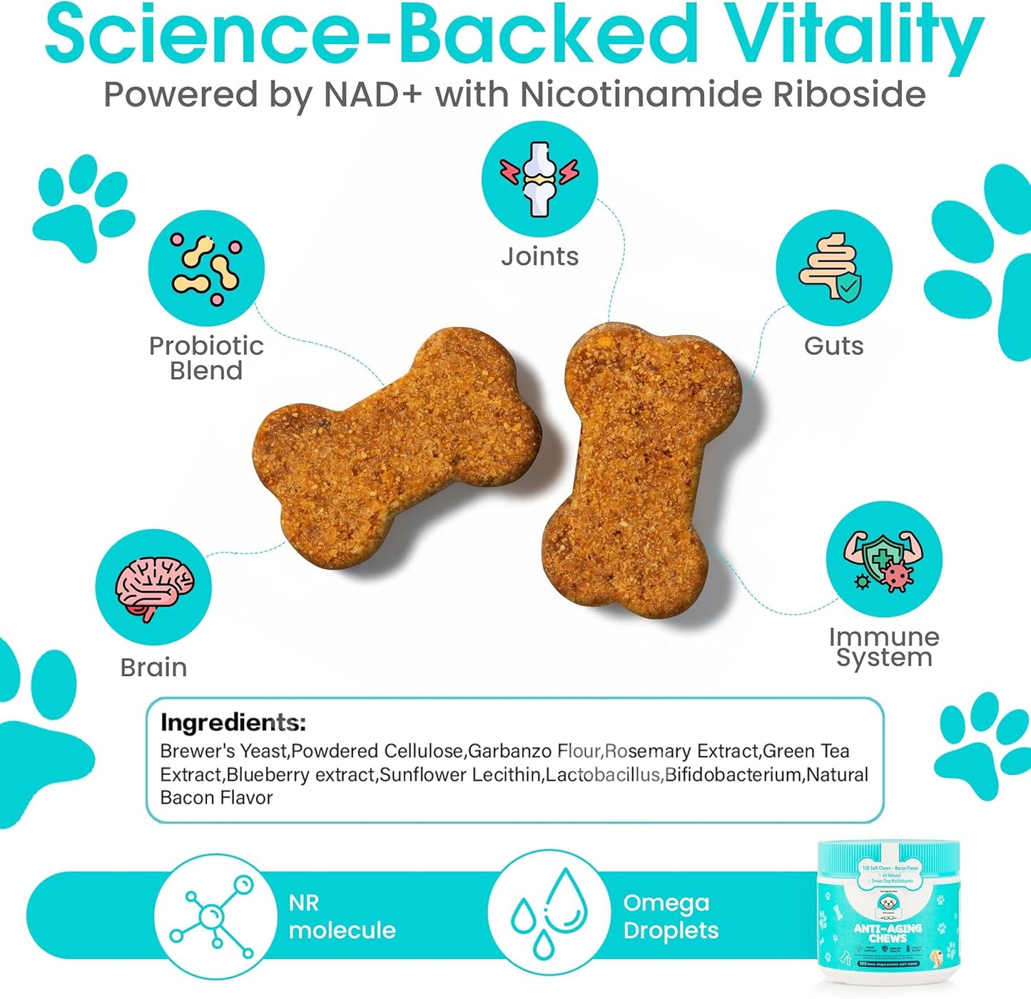 Anti-Aging Dog Supplement – Soft Chews for Senior Dogs with NAD+ Support from Nicotinamide Riboside, Omega-3, Amino Acids, Probiotics – Brain, Joint & Immune Health – Bacon Flavor – 100 Count