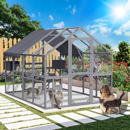 110" Outdoor Cat Catio Enclosure,Cats House Big Wooden Cat Shelter with Platforms,Upgrade Waterproof Cover,Large Spacious Interior,Two Small Sliding Doors,Grey