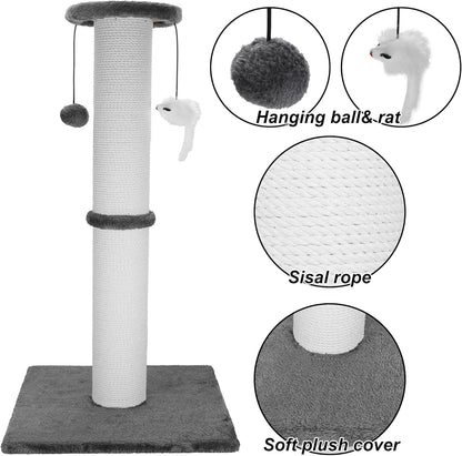 Cat Scratching Post 34 Inches Heavy Duty and Thicker Cat Scratching Post Sisal Rope with Hanging Ball and Mice Scratching Post for Indoor Cats and Adult(Grey)