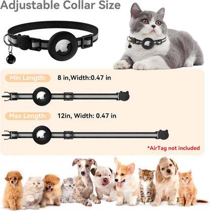 Airtag Cat Collar Breakaway, Adjustable Reflective Kitten Cat Collar with Apple AirTag Holder and Bell for Cats and Puppies (Black)